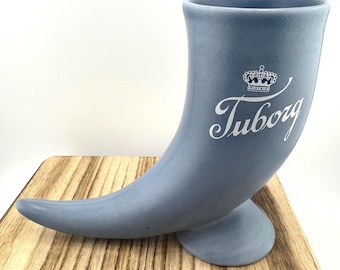 Vintage Tuborg Blue Beer Mug Horn Shaped Ceramic Tusk Stein Danish Brewery Barware Blue Tuborg Crown Logo Mug Denmark Retro Beer Lover Gift