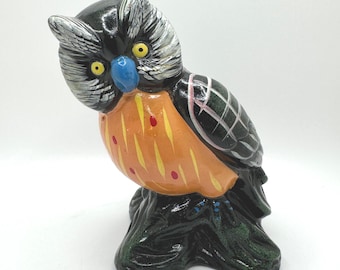 Vintage Owl Ceramic Piggy Bank Green Orange with Yellow Eyes