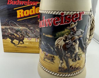 1992 Budweiser Rodeo Beer Stein Steer Roping Bronc Riding Ceramic Relief Lasso Rope Handle Numbered Open Edition Ceramarte Brazil Gift Boxed