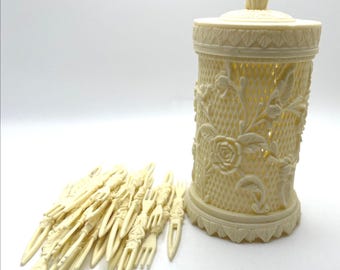 Vintage Celluloid Asian Motif Container with Appetizer Forks Carved Floral Design Toothpick Holder Party Set Mid Century Barware Entertain
