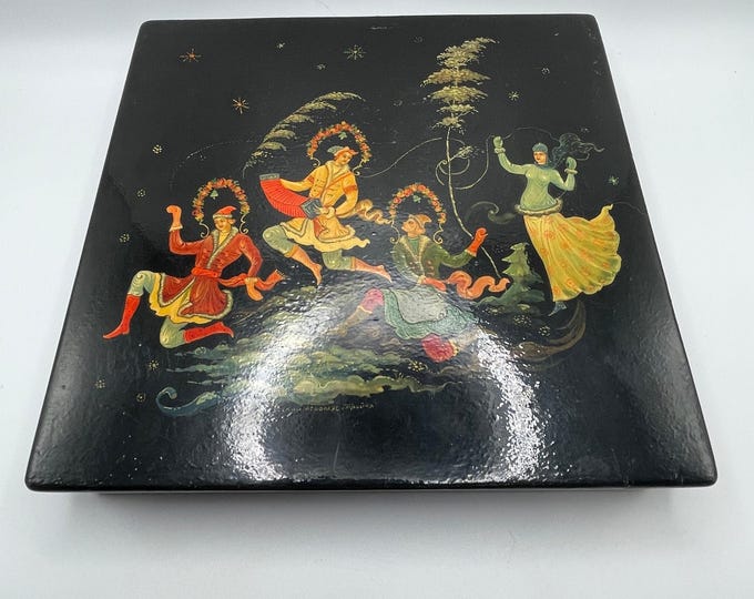 Featured listing image: Rare Vintage USSR Lacquered Folk Art Box Hand Painted MSTERA Style Red Interior Made in USSR Collectible Russian Decorative Box