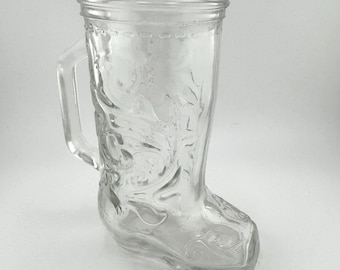 Vintage Cowboy Boot Beer Mug Handled Clear Glass Heavy 6" Tall