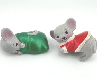 Two Christmas Ceramic Mice Sleeping Mouse and Mouse in Red Dress Grey Mouse