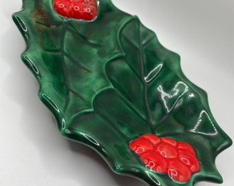 Vintage Christmas Holly Dish Ceramic Hand Painted