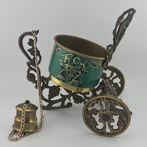Vintage Brass Enamel Wine Cart Decorative Green Grape Motif Wine Bottle Holder Ornate Metal Bar Decor Mid Century Barware Accent