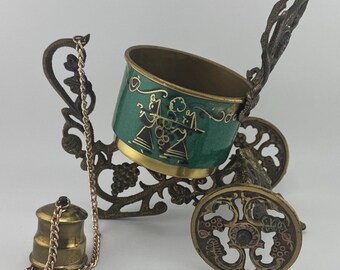 Vintage Brass Enamel Wine Cart Decorative Green Grape Motif Wine Bottle Holder Ornate Metal Bar Decor Mid Century Barware Accent