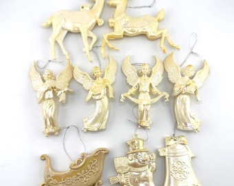 Vintage Hard Plastic Opalescent Christmas Ornaments Retro Angels Deer Snowman Sleigh Bells Mid Century Holiday Tree Decorations