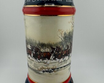 Vintage 1990 Budweiser Anheuser-Busch Christmas Stein Holiday Clydesdale Mug Ceramarte Susan Sampson American Tradition Gift