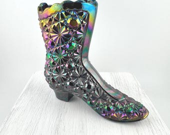 Fenton Art Glass Iridescent Boot Amethyst Carnival Glass Daisy & Button High Top Shoe Vintage Collectible Glass Figurine