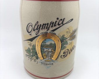 Vintage Olympia Beer Stein Tumwater Washington Gold Horseshoe Logo Brewery Collectible Barware Retro Beer Mug Man Cave Decor