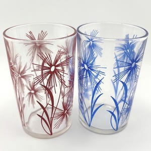 Pair of 1950s "Swanky Swig" Juice Glass with Red and Blue Cornflower Design