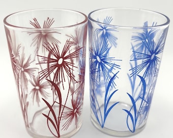 Pair of 1950s "Swanky Swig" Juice Glass with Red and Blue Cornflower Design