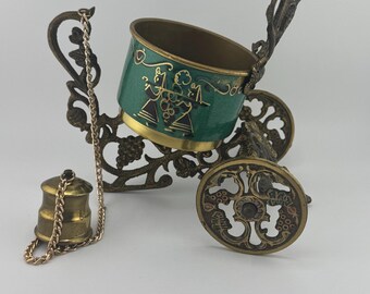 Vintage Judaica Israel Brass Chariot Cart Carriage Wine Bottle Holder with Cap and Cork