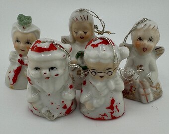 Vintage Yuletide Novelty Christmas Bell Ornaments Set of 5 Mr and Mrs Claus Angels Snowwoman Porcelain Tree Decorations