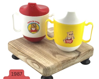 1987 Playskool Tommee Tippee Sippy Cups Vintage Plastic Toddler Cups with Lids Retro Baby Feeding Collectible Set of 2 Bear Retro Cups