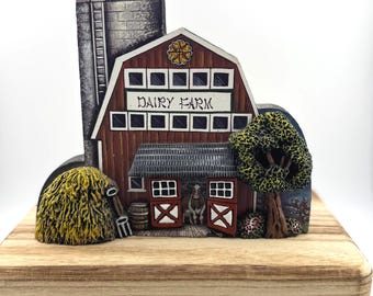 Vintage Brandywine Collectibles Dairy Farm Plaque 3D Country Lane Barn with Silo & Cow Rustic Farmhouse Shelf Decor