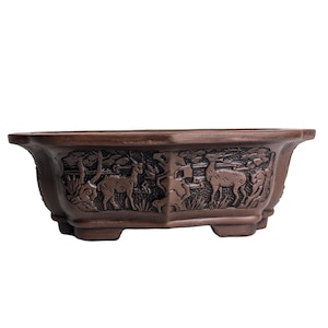 May include: A brown rectangular bonsai pot with a detailed relief carving of deer and trees. The pot has a wide, shallow design with a slightly flared rim and is supported by four small feet. The overall aesthetic is rustic and natural.
