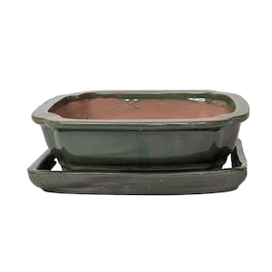 May include: A square green glazed ceramic bonsai pot with a matching saucer. The pot has a slightly rounded bottom and a wide, flat rim.