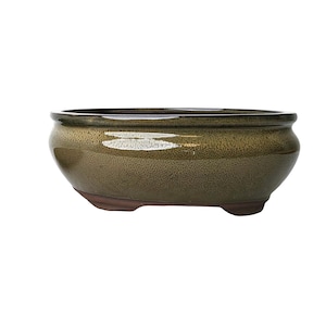 May include: A green oval ceramic bonsai pot with a textured glaze and three small feet.