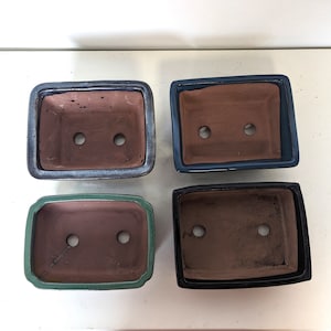 May include: Four rectangular bonsai pots with rounded corners. Each pot has a brown interior and a different coloured exterior rim: dark blue, black, green, and a dark grey-blue. Each pot has two drainage holes.