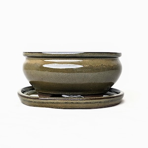 May include: A green ceramic planter with a matching saucer. The planter has a rounded shape and a glossy finish.