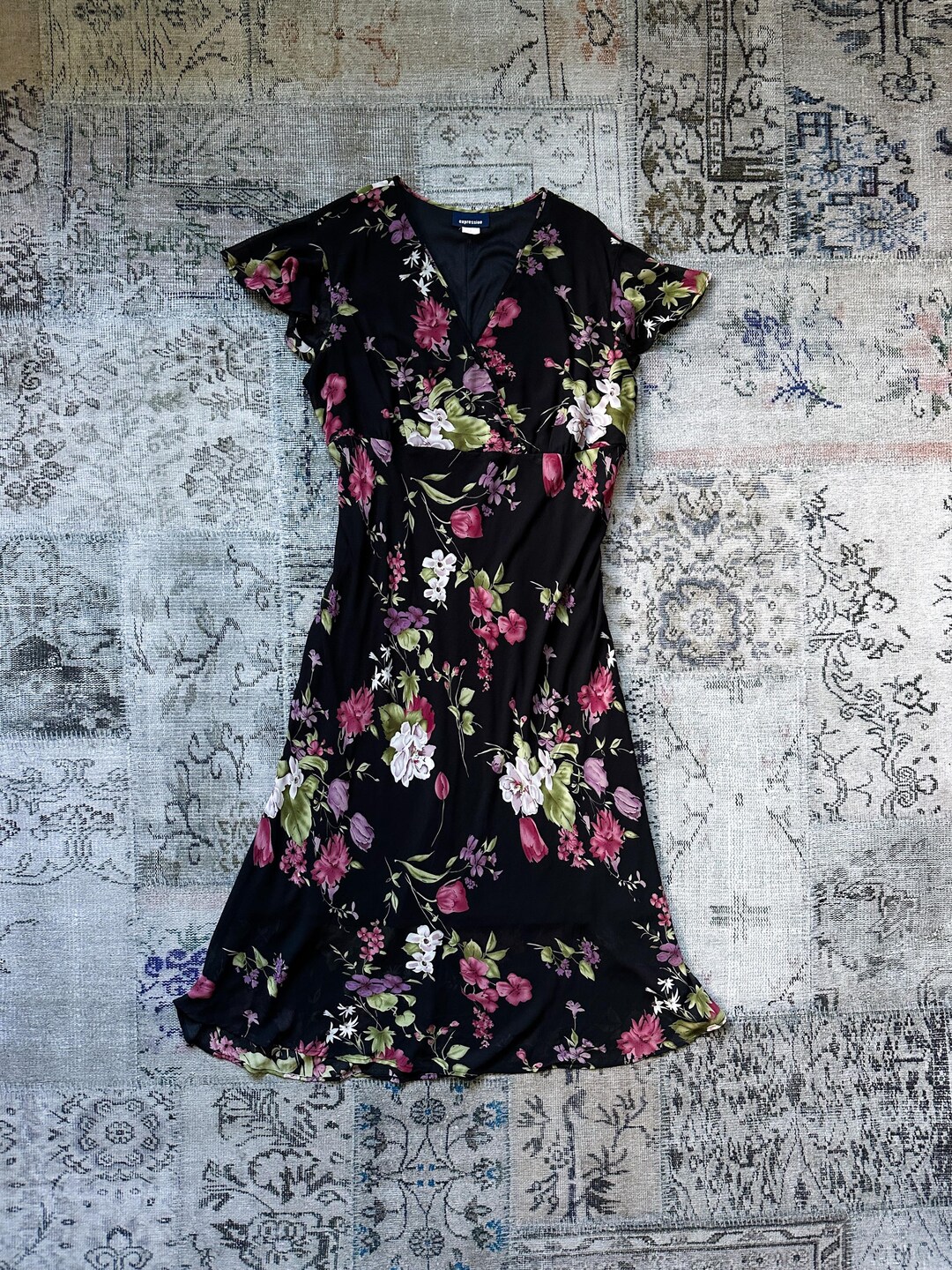 1990s Bright Floral Print Midi Dress (XS/S)