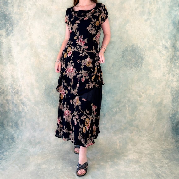 1980s Rubi Pesini Floral Mesh Cowl Neck Maxi Dress - image 6