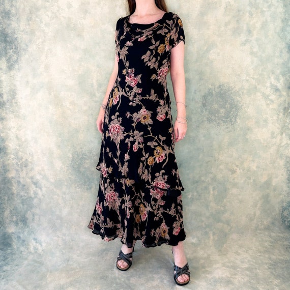 1980s Rubi Pesini Floral Mesh Cowl Neck Maxi Dress - image 2