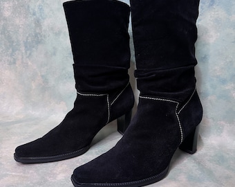 Gabor Black Suede Contrast Stitch Slouch Boots