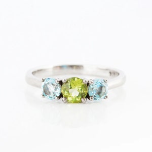 Peridot and Blue Topaz Trilogy Ring, 925 Sterling Silver Ring, Trilogy Ring, Three Stone Ring, Attractive Ring, Beautiful Ring, Gift for Mom
