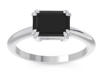 Black Spinel Silver Ring, 925 Sterling Silver Ring, Solitaire Ring, East to West Ring, Emerald Cut Stone Ring, Wedding Ring, Gift for Wife