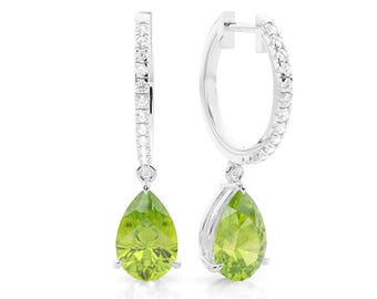 Brincos pendentes de peridoto e zircônia branca: argola de prata esterlina