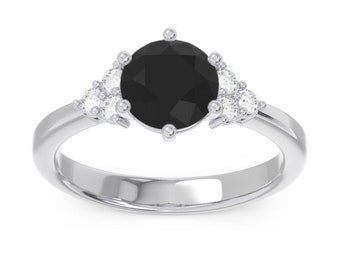 Black Spinel and White Zircon Silver Ring, 925 Sterling Silver Ring, Solitaire Ring, Classic Ring, Gift for Wedding, Ring for Engagement