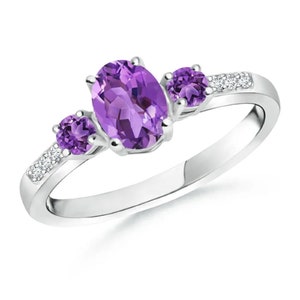 Natural Amethyst and White Zircon Ring, 925 Silver Ring, Three Stone Ring, Promise Ring, Birthstone Ring, Surprise Gift, Gift for Mom