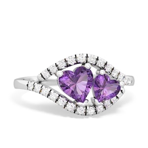 Beautiful Amethyst and White Zircon Silver Ring, Sterling Silver Ring, Dual Heart Ring,  Statement Ring, Gemstone Heart Ring, Gift for Wife