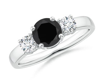 Black Spinel and White Zircon Trilogy Ring, 925 Sterling Silver