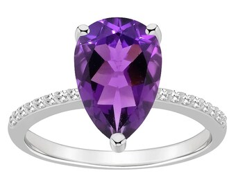 Beautiful Amethyst and White Zircon Silver Ring, 925 Sterling Silver Ring, Pear Stone Ring, Solitaire Ring, Promise Ring, Attractive Ring