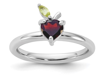 Beautiful Garnet and Peridot Silver Apple Ring, Fruit Ring, Apple Ring, Stylish Ring, Gift for Sister, Surprise Gift, Fruit Collection