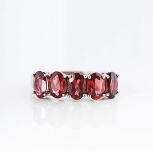 Garnet Sterling Silver Ring: Five Stone Oval Gemstone
