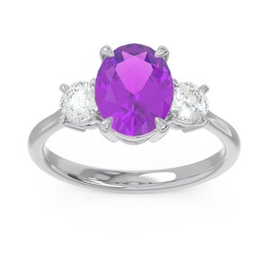 Natural Amethyst and White Zircon Ring, Solid Silver Ring, Three Stone Ring, Birthstone Ring, Gift for Wedding, Trilogy Ring, Gift for Mom