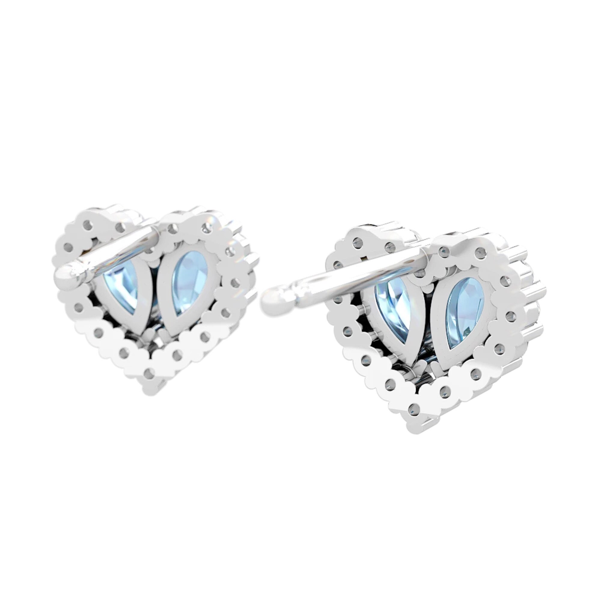 Natural Blue Topaz & White Zircon Earrings, Heart Shape