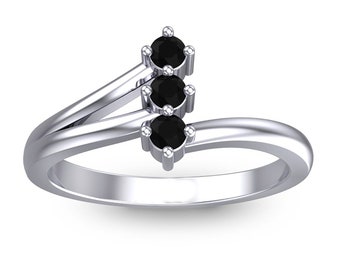 Black Spinel Three Stone Sterling Silver Ring - Gold Plated