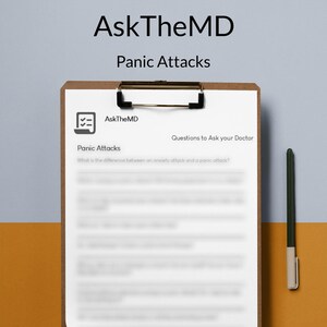 May include: A clipboard with the text "AskTheMD" and "Panic Attacks" is displayed. The clipboard holds a document with blurred text. A pen rests on the right side. The background is split between a blue and orange colour.