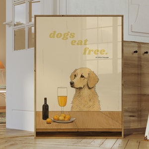 Psy jedzą za darmo Sztuka ścienna | Wystrój kuchni i restauracji Golden Retriever | Grafika wózka barowego | Prezent w formie wydruku | Galeria estetyczna domu dla psów