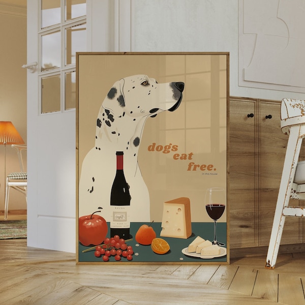 Dogs Eat Free Wall Art | Great Dane Kitchen Diner Restaurant Decor | Bar Cart Artwork | Print Gift | Pet Dog Aesthetic Home Gallery