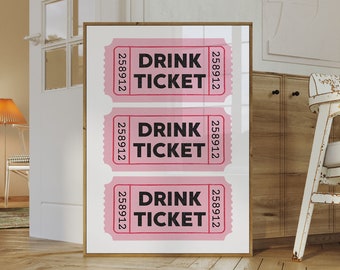 Drink Ticket Wall Art | Pink Bar Cart Decor | Kitchen Diner Restaurant Decor | Trendy Print Gift | Aesthetic Home Gallery