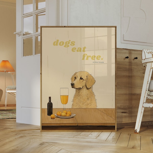 Dogs Eat Free Wall Art | Golden Retriever Kitchen Diner Restaurant Decor | Bar Cart Artwork | Print Gift | Pet Dog Aesthetic Home Gallery