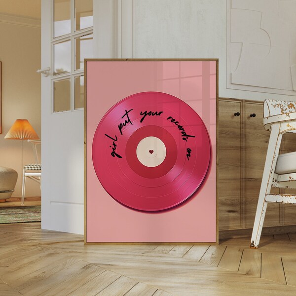 Pink Vinyl Record Wall Art | Retro Maximalist Eclectic Decor | Printable Digital Download | Y2K Girly Print | Trendy Retro Art Aesthetic