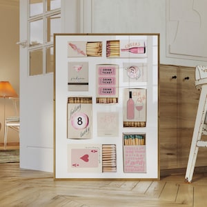 Art mural boîte d'allumettes | Décoration de chariot de bar | Téléchargement numérique imprimable | Imprimé girly de l'an 2000 | Esthétique tendance | Couleurs blanc rose clair