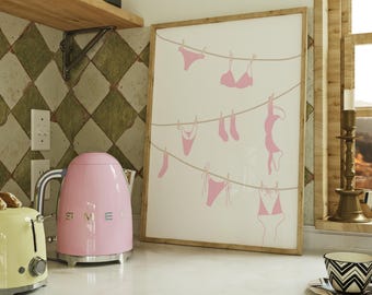 Pink Clothesline Wall Art | Cute Minimalistic Coquette Cottagecore | Digital Download Poster | Y2K Girly Print | Trendy Aesthetic Bikini Bra